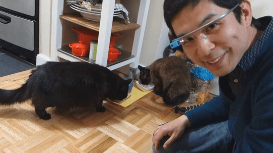 Google Glass（グーグルグラス）をつけた飼い主さんと、ごはんを食べる　しおちゃんとティーちゃん