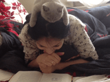 こりゃ可愛い！モフモフの子猫が美女の頭の上で一緒に本を読んでる